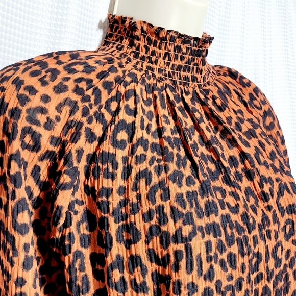 LOFT Burnt Orange Leopard Print Shirred Turtleneck Blouse Women's (XS) - Picture 5 of 14